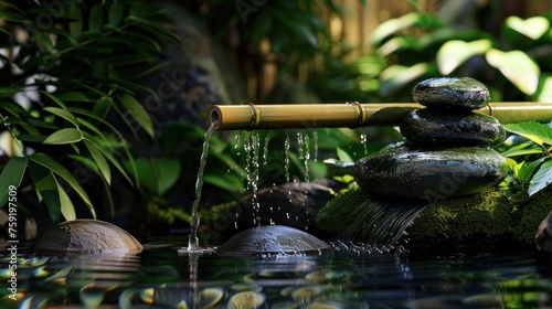 a close up of a water fountain with rocks in the water and a bamboo stick sticking out of the top of it.