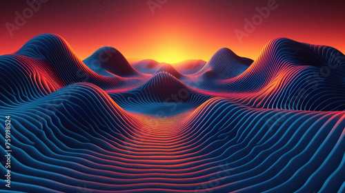 minimalistic Optical Illusion - Infinity Isometric, black white neon blue and orange lines digital landscape of lines and uniformed shapes in striking hues