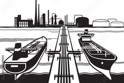 Tankers at petroleum refinery sea export terminal - vector illustration