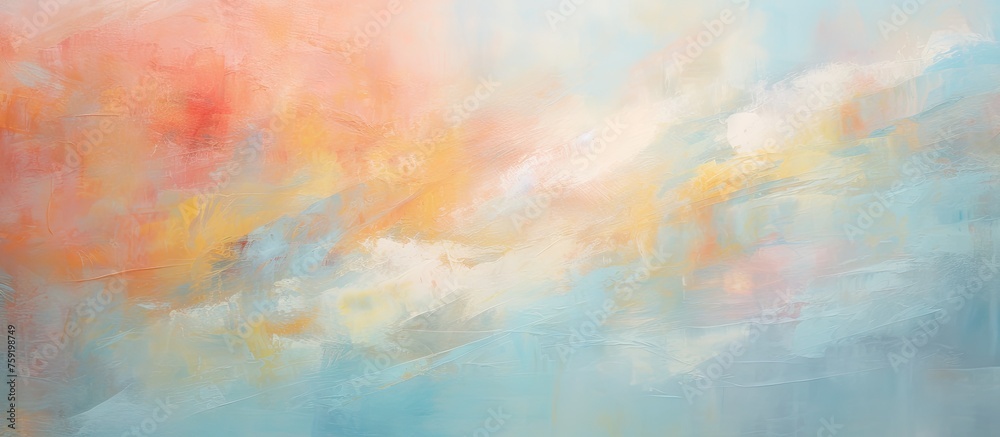 A closeup of a vibrant painting depicting a natural landscape with a colorful sky, fluffy cumulus clouds, and a dreamy horizon, showcasing beautiful tints and shades in the art