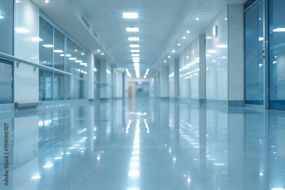 A large, empty office room with a sun shining through the windows. Modern space is made of glass and has a shiny, reflective surface