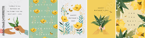 Happy Mother's Day! Vector cute illustration of a bouquet of lily of the valley flowers holding in hands, floral gift, frame, border, modern pattern for greeting card, invitation or poster © Ardea-studio