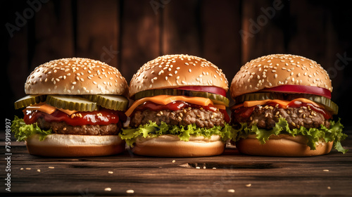  hamburgers on wooden background