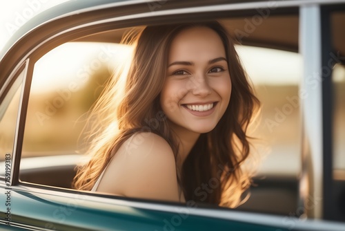 portrait of a cute smiling woman from car window at a sunny day