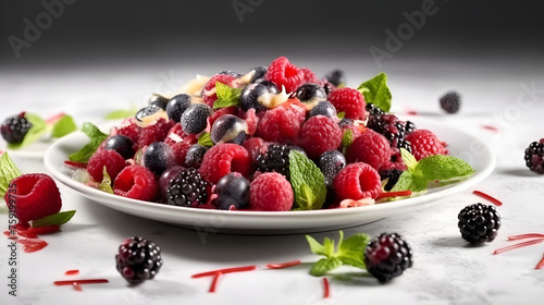 Fresh gourmet salad with organic berry variation on white background