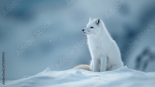 White polar fox in habitat, winter landscape, Svalbard, Norway. Beautiful animal in snow. Sitting fox. Wildlife action scene from Arctic nature