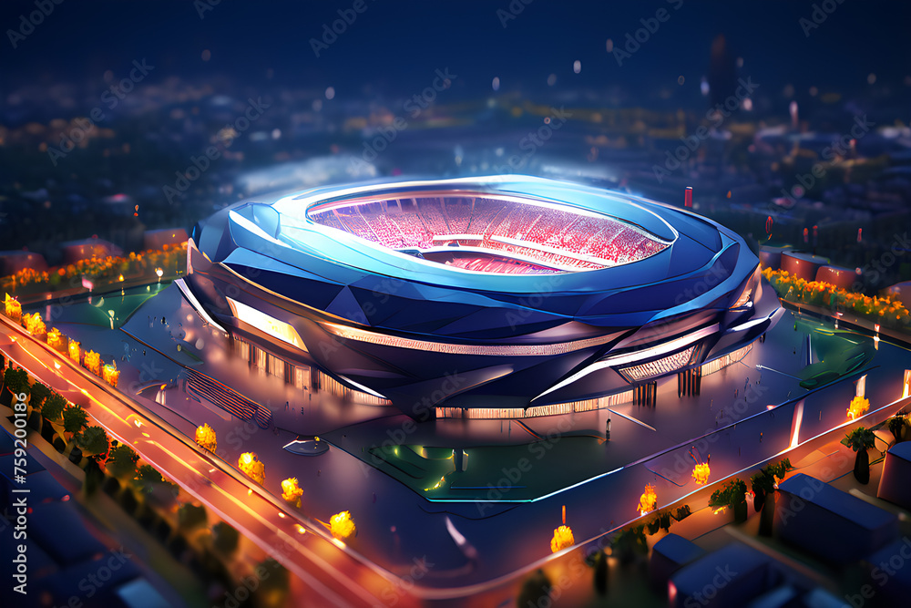Nighttime Birdseye view of a Football Soccer Stadium Building filled