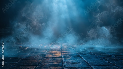 A light beam pierces the darkness and illuminates the scene. There are blue lights in the darkness and smoke fills the street. photo