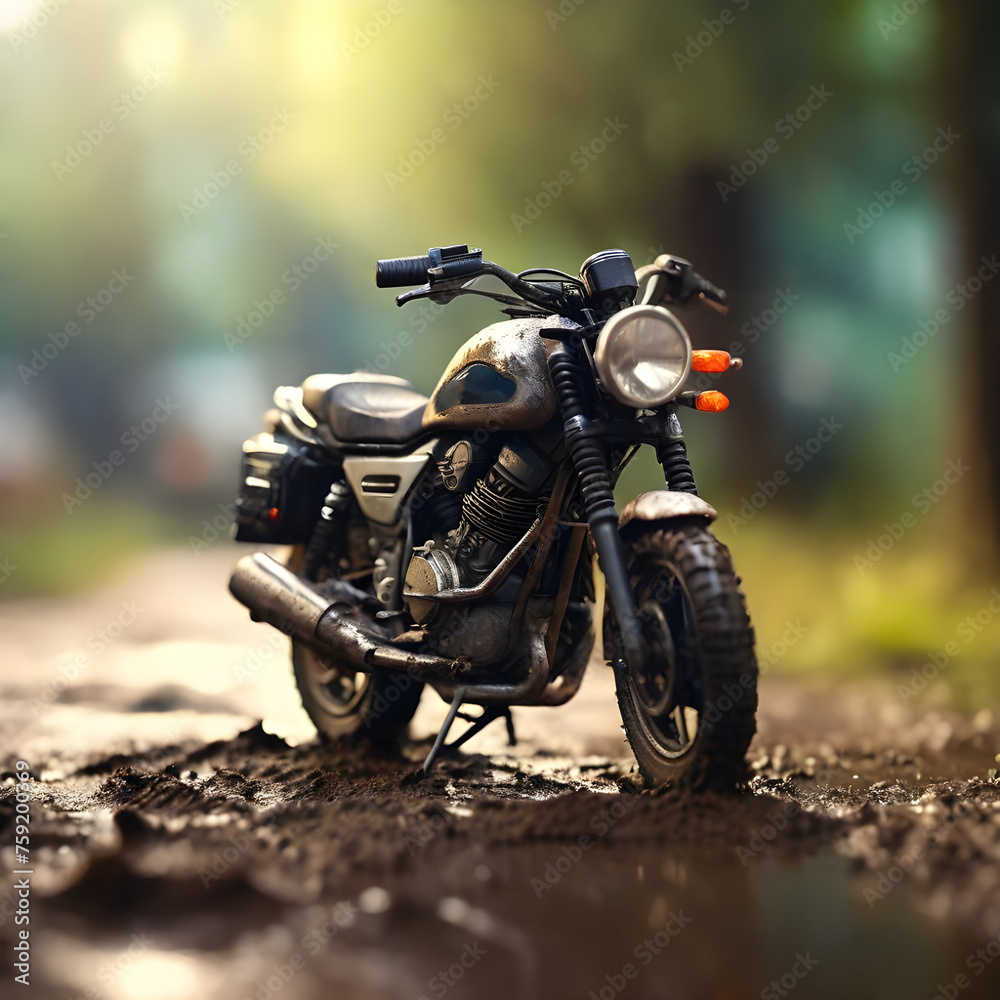 Fototapeta premium Macro shot, close up - tiny retro motorcycle in nature in fresh morning atmosphere. Blur in the back.