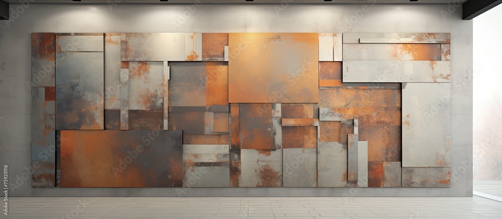 A large art fixture, a painting, hangs on a building material wall in a room, enhancing the hardwood flooring and glass facade with its rectangular shape
