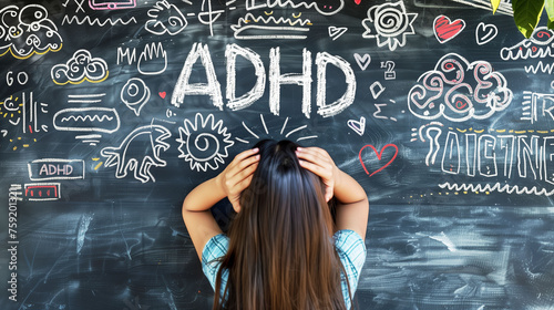 A child with hands on head in front of a chalkboard with ADHD and various drawings symbolizing chaos and distraction photo