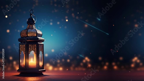 Arabic lantern lamp with light from candles and wishing star background; is perfect for background projects; 4k virtual video animation. photo