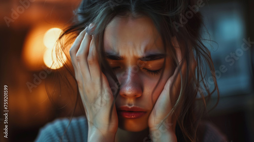 Headache And Stress. Beautiful Young Woman Feeling Strong Head Pain. Portrait Of Tired Stressed Female Suffering From Painful Migraine, Holding Hands Near Face. Health Care Concept © Natalina
