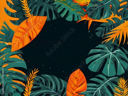 Flat lay, top view, copy space. Summer concept of a Monstera plant leaves. 
