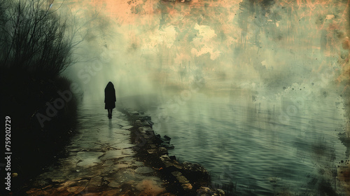 Eine menschliche Silhouette läuft an einem Ufer entlang durch den Nebel photo