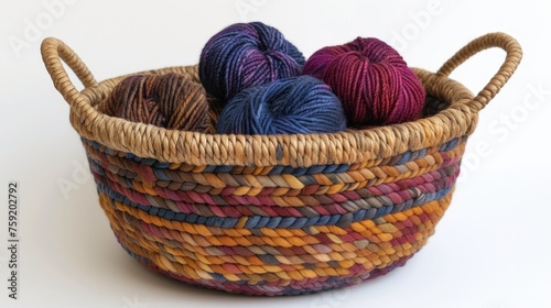 a basket filled with balls of yarn sitting on top of a white table next to a pair of crochet scissors.