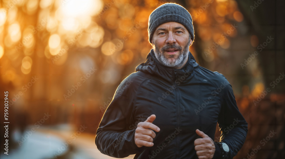 Mature Man Jogging Outdoors at Sunrise in Winter Mature Man Jogging Outdoors at Sunrise in Winter
