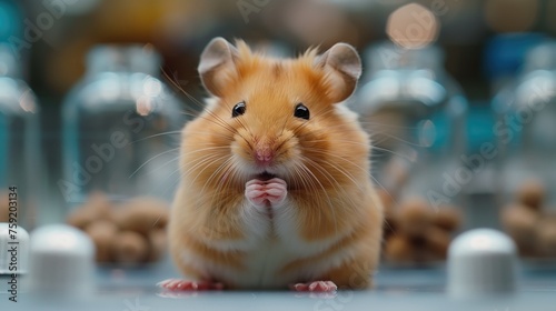 Hamster in the laboratory. Funny hamster, smart. ,