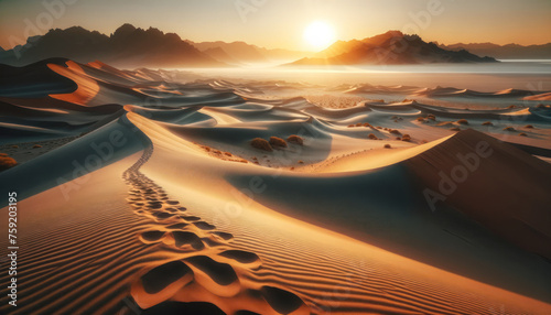 tranquil beauty of a desert at sunrise. The scene is a vast expanse of undulating sand dunes
