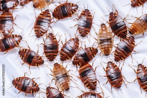 Close-up image showing a group of bed bugs on a textured white surface, depicting an infestation scenario.