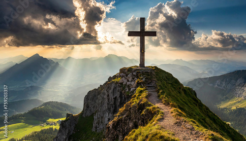 Divine Light  Cross on Mountain Peak Bathed in Sunrays  Easter Sunday  Sacrifice  redemption  salvation  eternal life