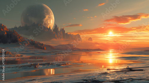 Sci-Fi Sunset on an Alien Planet with Giant Moon Illustration
