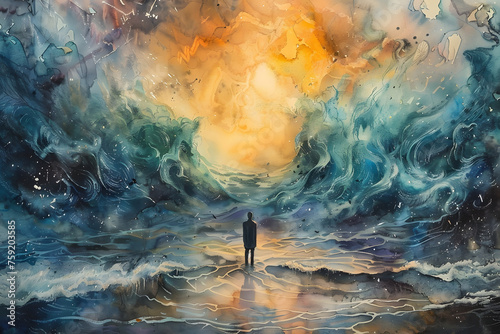 Person Contemplating in Surreal Swirling Seascape