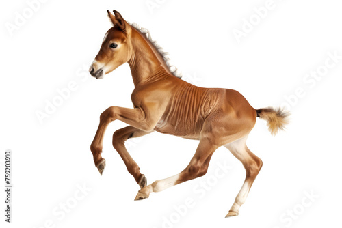 A warm-blooded chestnut colt  galloping  isolated from the background