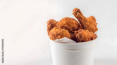 Fried chicken flying on paper bucket isolated on white background