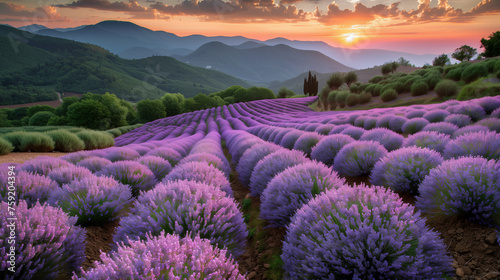 Lavendelfeld bei Sonnenuntergang, violette Lavendelbüsche am Hang in Berglandschaft, Außenaufnahme, Landschaftsaufnahme