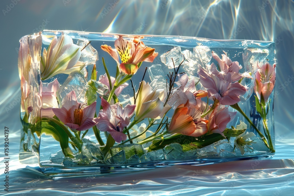 Flowers and stems frozen in a clear block of ice. - obrazy, fototapety, plakaty 