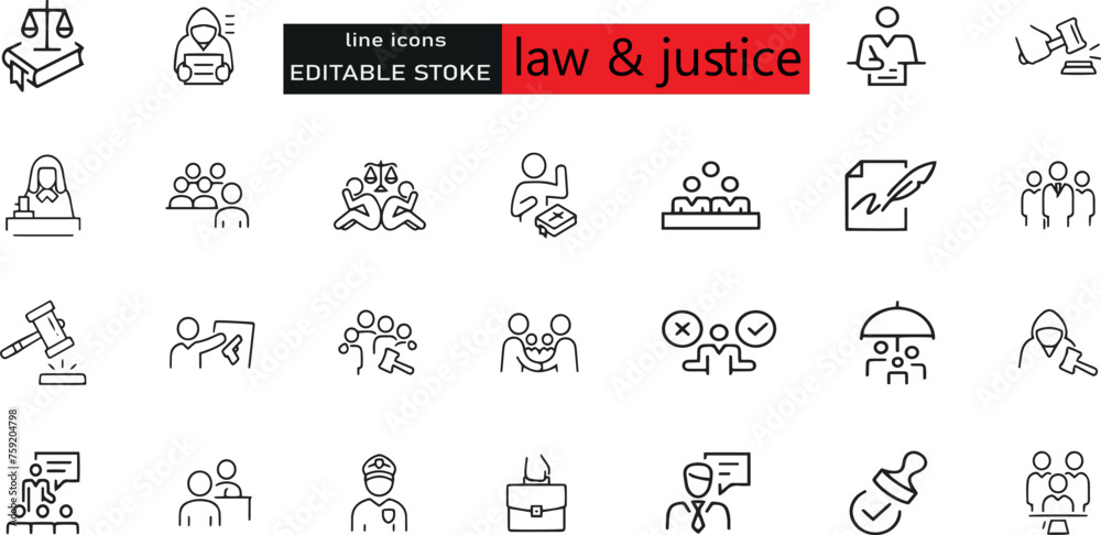 Ensemble d'icônes juridiques, juridiques et judiciaires