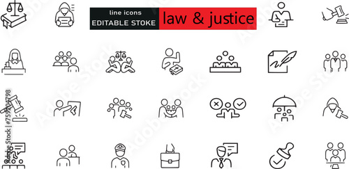 Ensemble d'icônes juridiques, juridiques et judiciaires