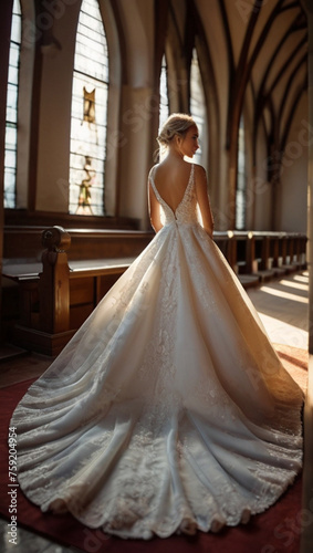 Back view of bride in long elegant wedding dress in the church with beautiful light coming through window