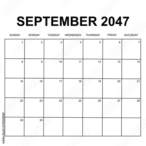 september 2047. monthly calendar design. week starts on sunday. printable, simple, and clean vector design isolated on white background.