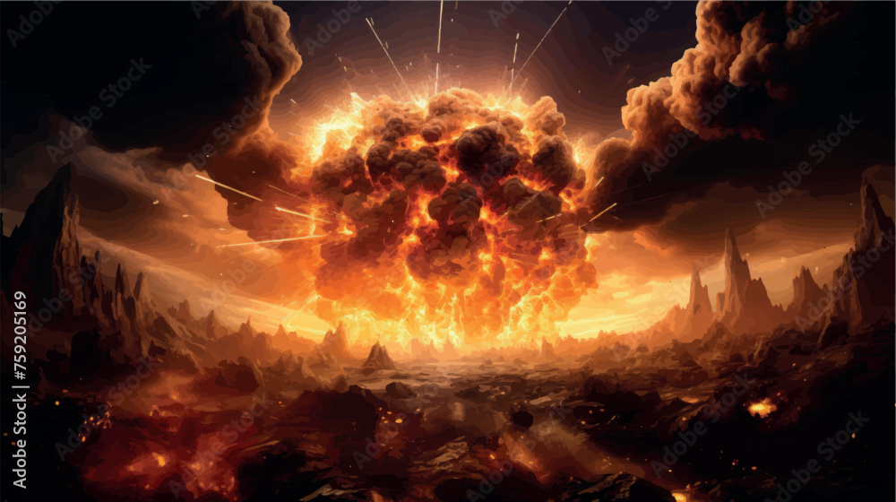 Big explosion with smoke and ash. Eruption. Explosion of a nuclear bomb vector illustration. Mushroom cloud. Bomb detonation. Attack, war, end of the world. Earthquake, magma, lava.