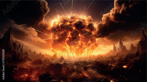 Big explosion with smoke and ash. Eruption. Explosion of a nuclear bomb vector illustration. Mushroom cloud. Bomb detonation. Attack, war, end of the world. Earthquake, magma, lava.