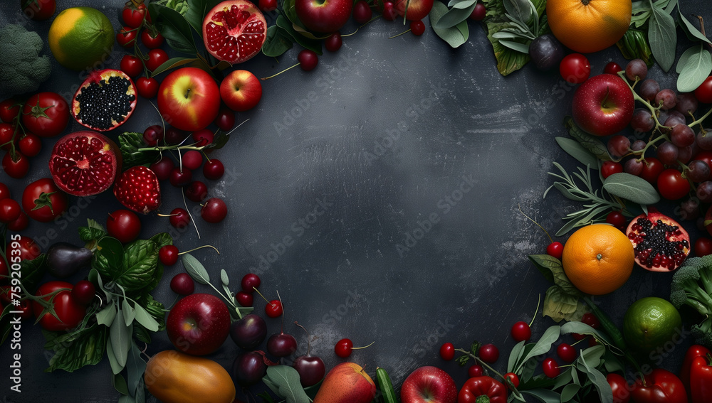 Sommerliches Obst, verschiedene Früchte im Kreis angeordnet, vor schwarzem Hintergrund, Apfel, Tomaten, Trauben, Granatapfel, Lorbeer, isolierte Freifläche - obrazy, fototapety, plakaty 