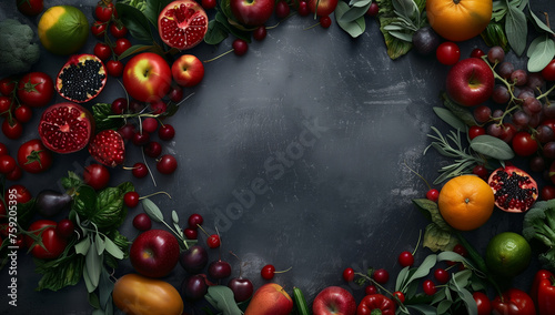 Sommerliches Obst, verschiedene Früchte im Kreis angeordnet, vor schwarzem Hintergrund, Apfel, Tomaten, Trauben, Granatapfel, Lorbeer, isolierte Freifläche