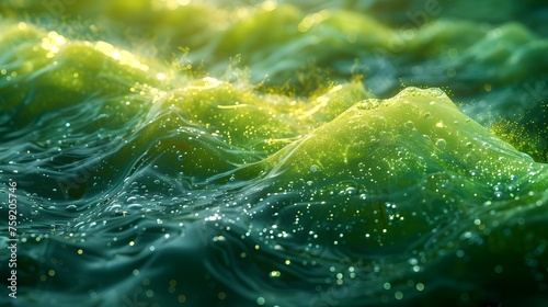 Green wave with water drops, abstract nature background. Close up.