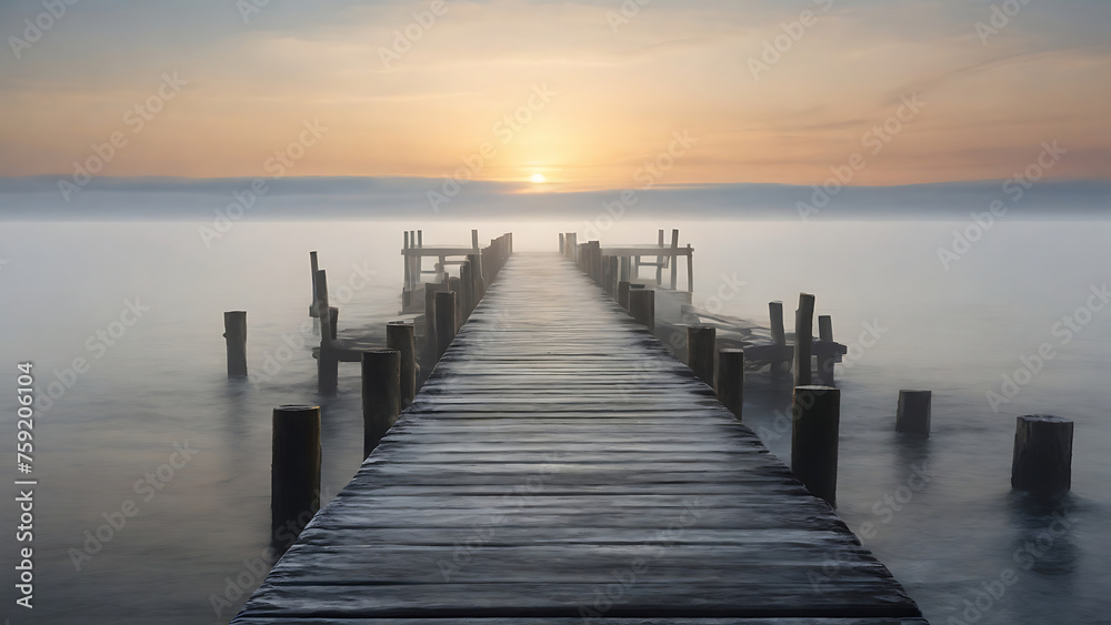 Wooden pier at misty dawn in a still sea with winter smoke, Generative AI - obrazy, fototapety, plakaty 