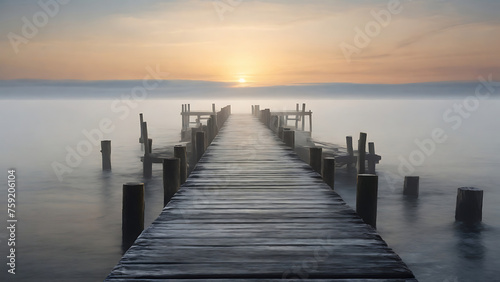 Wooden pier at misty dawn in a still sea with winter smoke, Generative AI