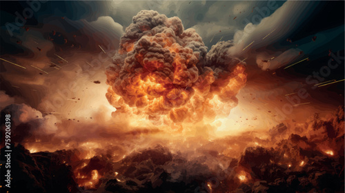 Big explosion with smoke and ash. Eruption. Explosion of a nuclear bomb vector illustration. Mushroom cloud. Bomb detonation. Attack, war, end of the world. Earthquake, magma, lava.