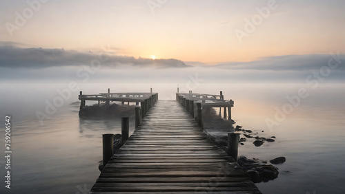 Wooden pier at misty dawn in a still sea with winter smoke  Generative AI