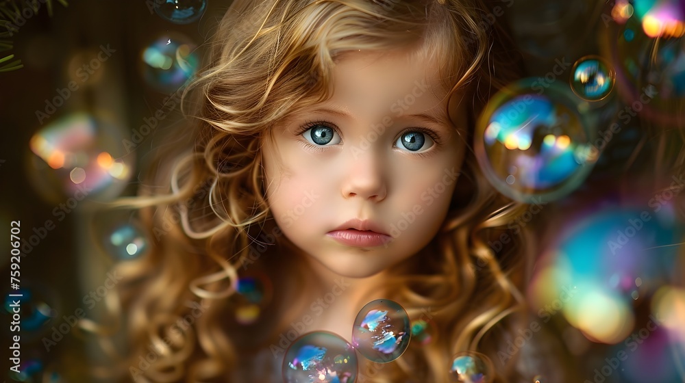 Enchanting Child with Curly Blonde Hair Amidst Shimmering Soap Bubbles Enchanting Child with Curly Blonde Hair Amidst Shimmering Soap Bubbles