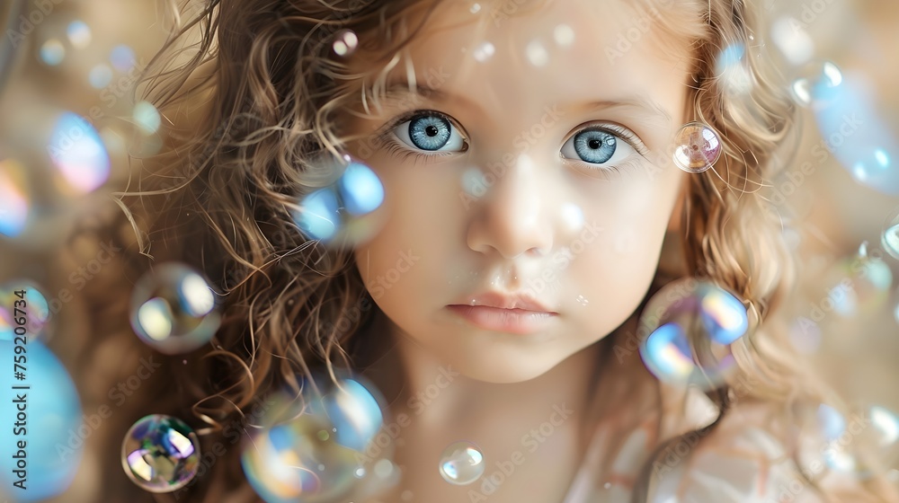 Wonder in Her Eyes: Little Girl with Curly Hair Surrounded by Soap Bubbles Wonder in Her Eyes: Little Girl with Curly Hair Surrounded by Soap Bubbles