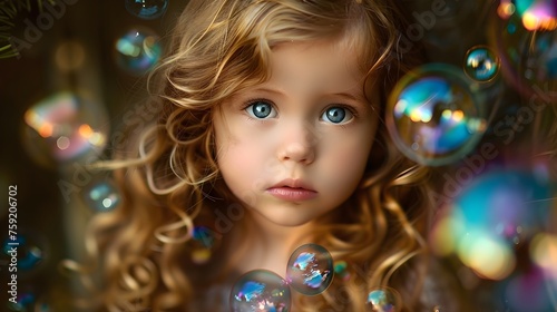 Enchanting Child with Curly Blonde Hair Amidst Shimmering Soap Bubbles