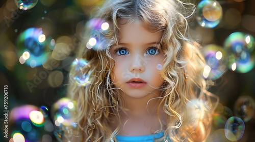 Enchanted Childhood: Little Girl with Curly Blonde Hair Surrounded by Soap Bubbles