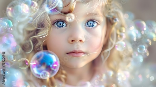 Enchanted Gaze: Little Girl with Curly Hair Amongst Shimmering Bubbles