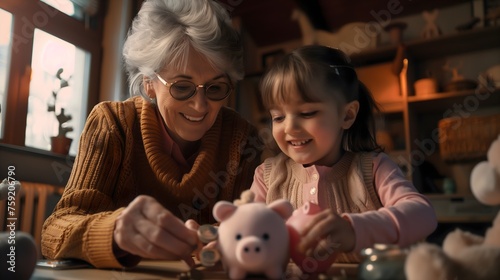 Joyful Savings: Grandmother Teaching Granddaughter to Save Money with Piggy Bank